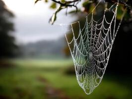 A spider web is covered with dew photo