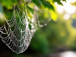 Sparkling spider web glistening in morning light photo