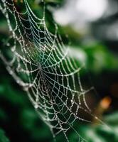 Dew-covered spider web glistening in nature photo