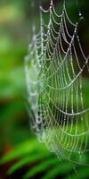 Dew drops glisten on a spider web in the forest photo