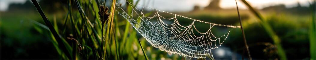 Dew-kissed spiderweb gleams in morning light photo