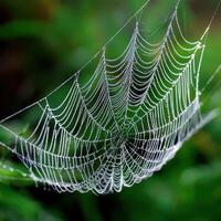 Dew glistens on a spider web in morning light photo