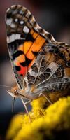 Vibrant butterfly resting on a yellow flower petal photo