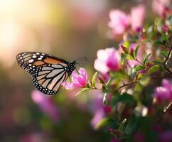 Butterfly exploring blooming flowers in spring light photo