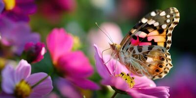 Colorful butterfly resting on vibrant flowers in spring photo