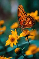 Colorful butterfly resting on vibrant yellow flowers photo