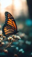 Butterfly resting on flowers during golden hour glow photo