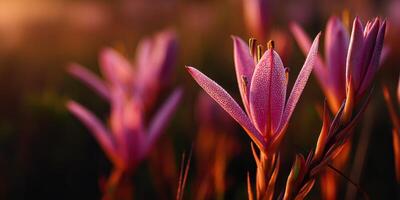Wildflowers bloom in golden sunlight at dawn photo