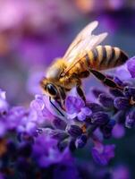 Honeybee pollinates lavender flowers in nature settings photo