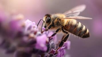 Honeybee collecting nectar from lavender blossoms photo