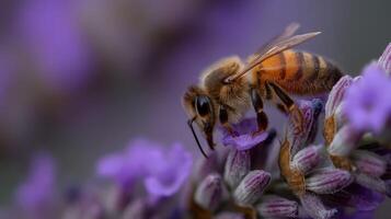 Honeybee pollinates lavender flowers in garden photo