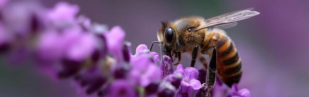Honeybee pollinating purple flowers in nature photo