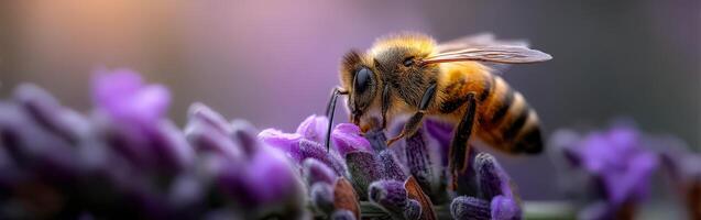 Honeybee pollinates lavender flowers in spring light photo