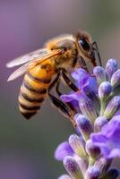 Honeybee collects nectar from purple lavender flower photo