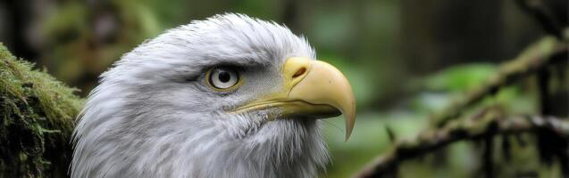 Majestic eagle perched in a lush forest habitat photo