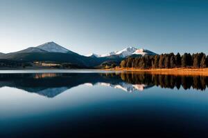 Serene reflections of mountains over calm lake water photo
