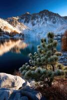 Snow-covered mountains reflect in tranquil lake waters photo