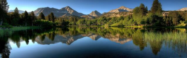 Tranquil lake reflecting majestic mountains at sunrise photo