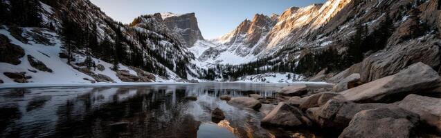 Stunning mountain landscape with lakes and snow photo