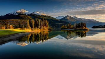 Mountain landscape with serene reflections in water photo