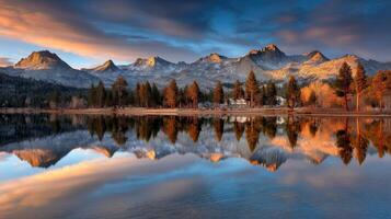 Serene lake at sunset with mountain reflections photo