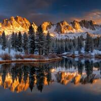 Stunning mountain reflection in tranquil winter lake photo