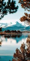 Snow-capped mountains reflect in calm lake waters photo