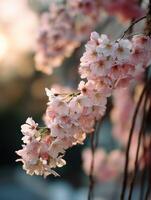 Spring blossoms adorn branches in golden sunlight photo
