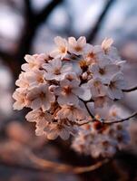 Cherry blossom branches bloom at sunset in springtime photo