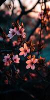 Delicate pink flowers bloom on branches as the sun sets photo