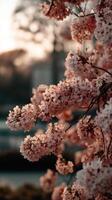 Blossoming cherry trees in a tranquil sunset setting photo