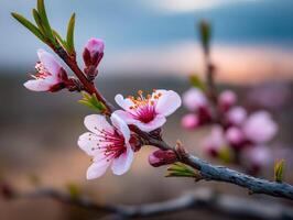 Blossoming peach tree branches at sunset light photo