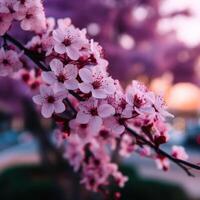 Blossoming cherry tree branches at sunset photo