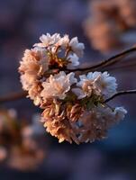 Cherry blossoms bloom at sunset in peaceful garden photo