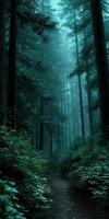 Exploring a misty forest path surrounded by tall trees photo