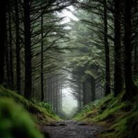 Winding path through misty green forest photo