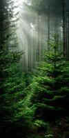 Light filters through lush green forest trees photo
