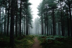 Misty forest path leading through tall pine trees photo