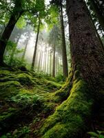 Misty forest with lush greenery and high trees photo
