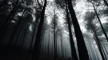 Mysterious forest shrouded in fog at dawn photo