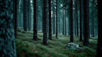 Dense forest filled with tall trees and soft moss photo