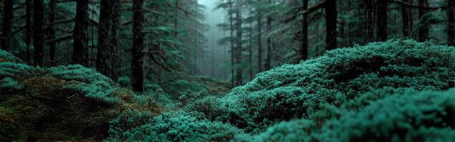 Lush green forest with misty atmosphere in nature photo