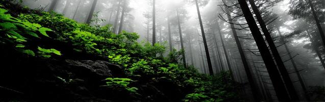 Mist-covered green forest in morning light photo