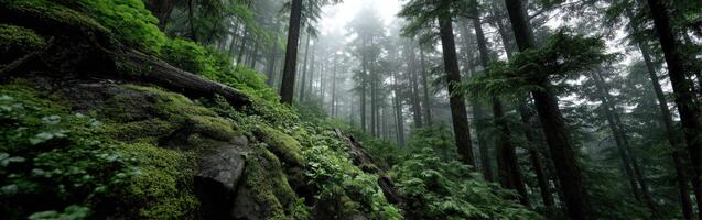 A forest with mossy trees and rocks photo