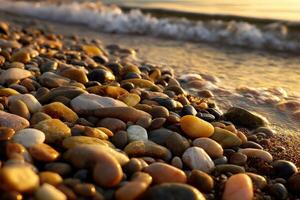 Smooth pebbles along the shore at sunset photo