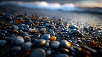 Pebbles glisten on the shore during sunset photo