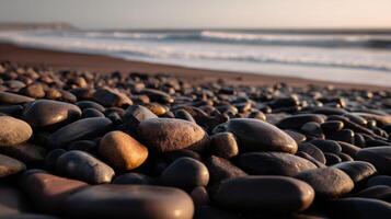 Pebbled shoreline at sunset with gentle waves photo