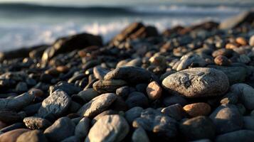 Smooth stones by the ocean at sunrise with waves photo