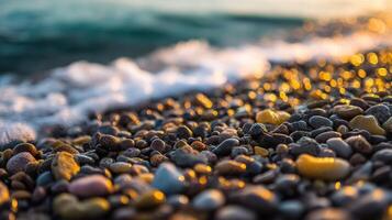 A beach with rocks and water at sunset photo
