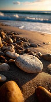 Sunlight glimmers on pebbles along the sandy shore photo